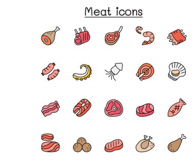 Et, domuz eti, sığır eti, deniz ürünleri simgesi renk çizgisi şeklinde ayarlanmış