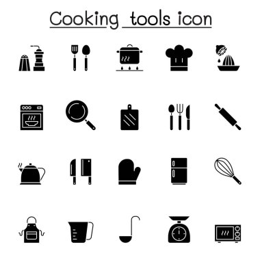 Yemek pişirme araçları simgesi kabartma biçiminde ayarlandı