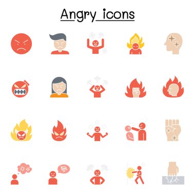 Kızgın İlişkili Vektör simgesi. Delilik, delilik, şiddet, agresiflik, boks, yumruk ve daha fazlası gibi ikonlar içerir