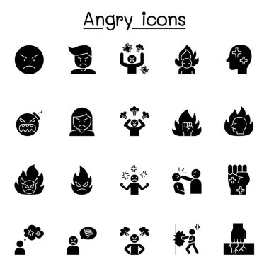 Kızgın İlişkili Vektör simgesi. Delilik, delilik, şiddet, agresiflik, boks, yumruk ve daha fazlası gibi ikonlar içerir