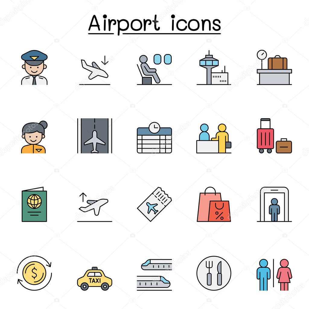 Airport icon set in color line style