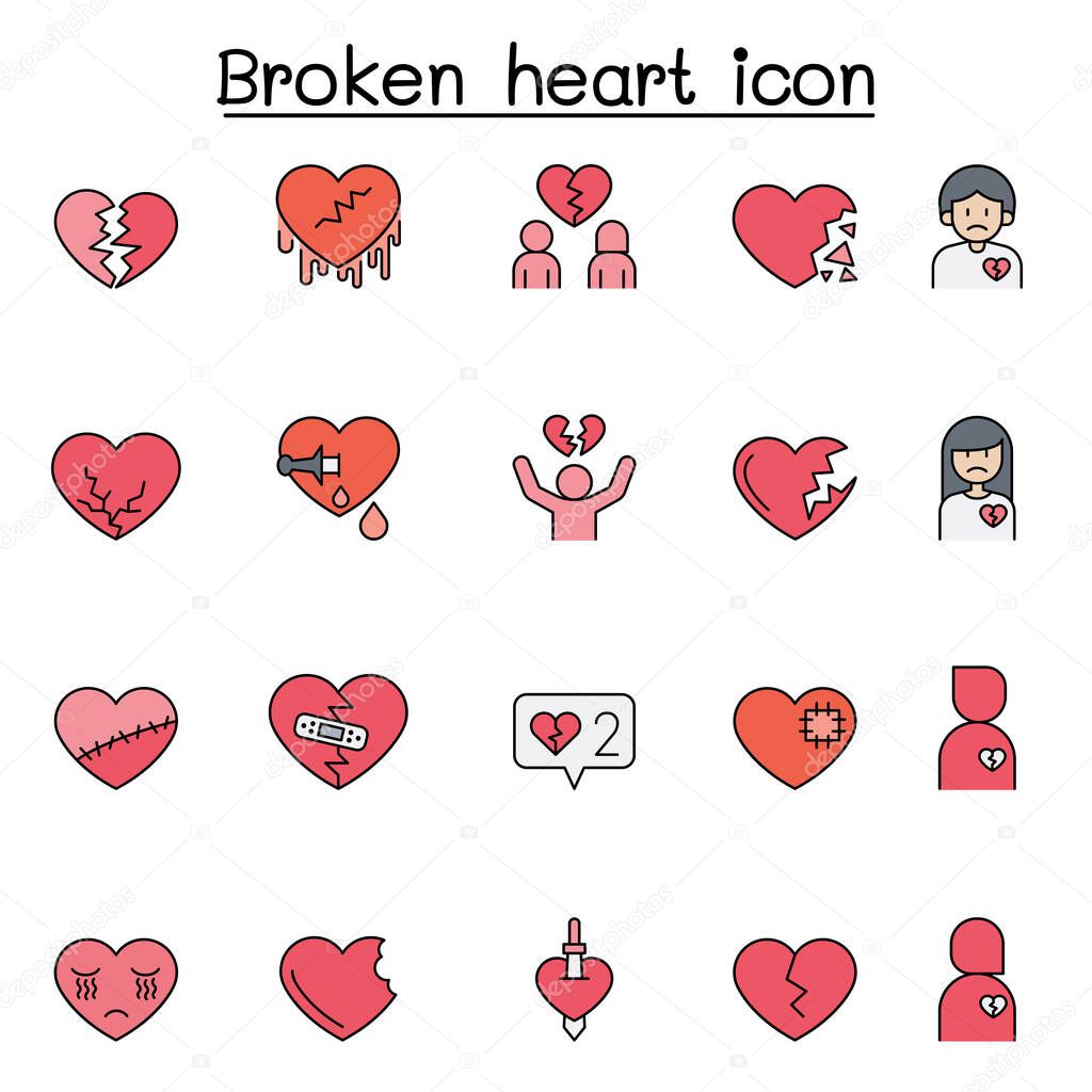 Broken heart, heartbreak icon set in color line style