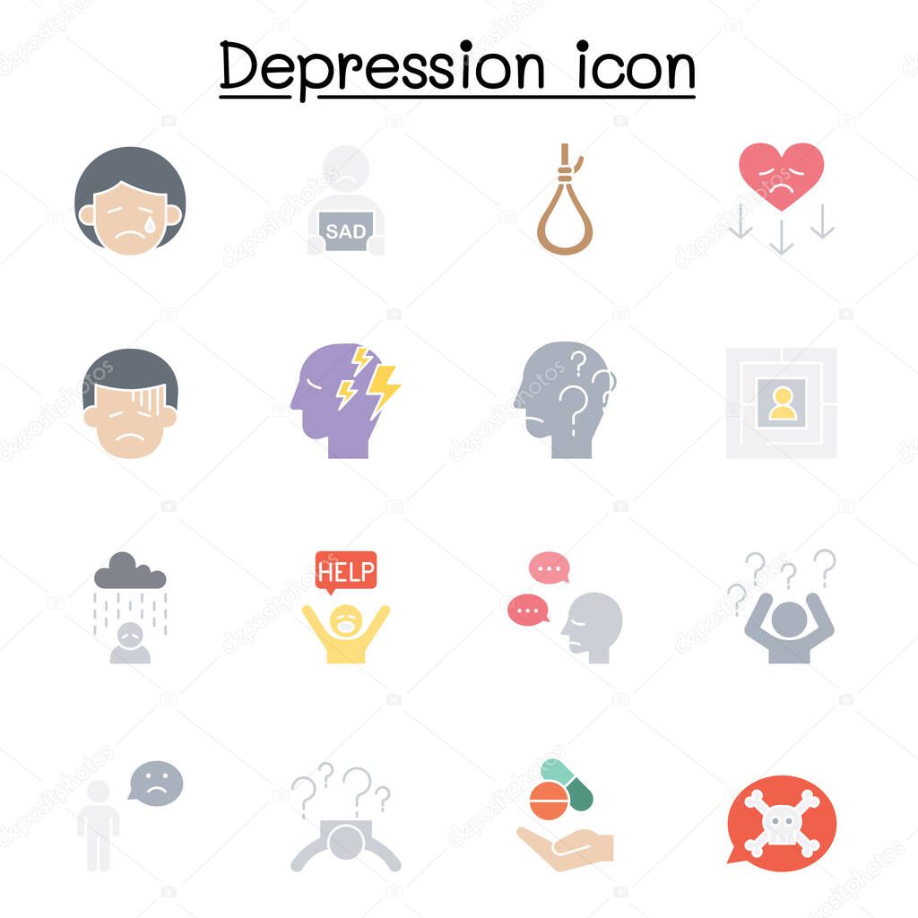 Depression icon set in flat color style