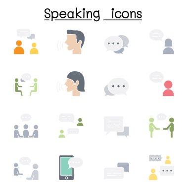 Konuşma, konuşma, tartışma, diyalog, konuşma, sohbet, konferans, toplantı simgesi düz renk şeklinde ayarlandı