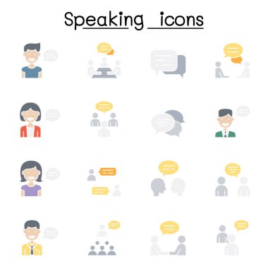 Konuşma, konuşma, tartışma, diyalog, konuşma, sohbet, konferans, toplantı simgesi düz renk şeklinde ayarlandı