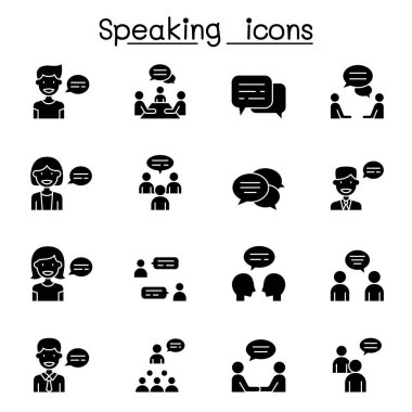Konuşma, konuşma, tartışma, diyalog, konuşma, sohbet, konferans, toplantı simgesi kabartma biçiminde ayarlandı