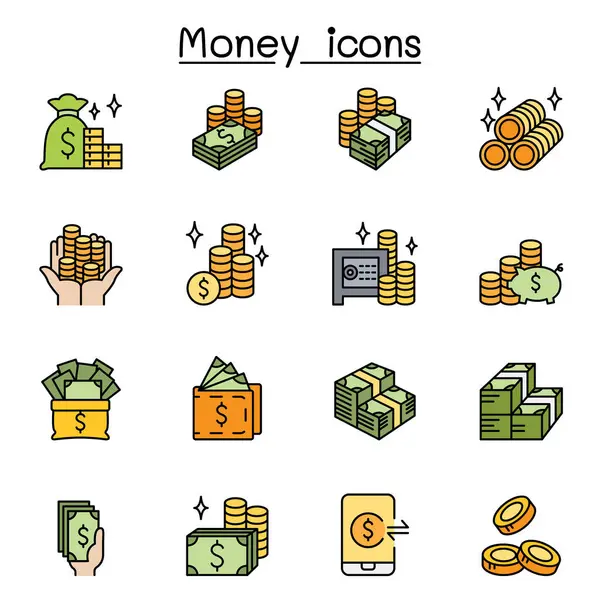 Para, nakit, para birimi ve sikke simgesi renk çizgisi biçiminde ayarlandı