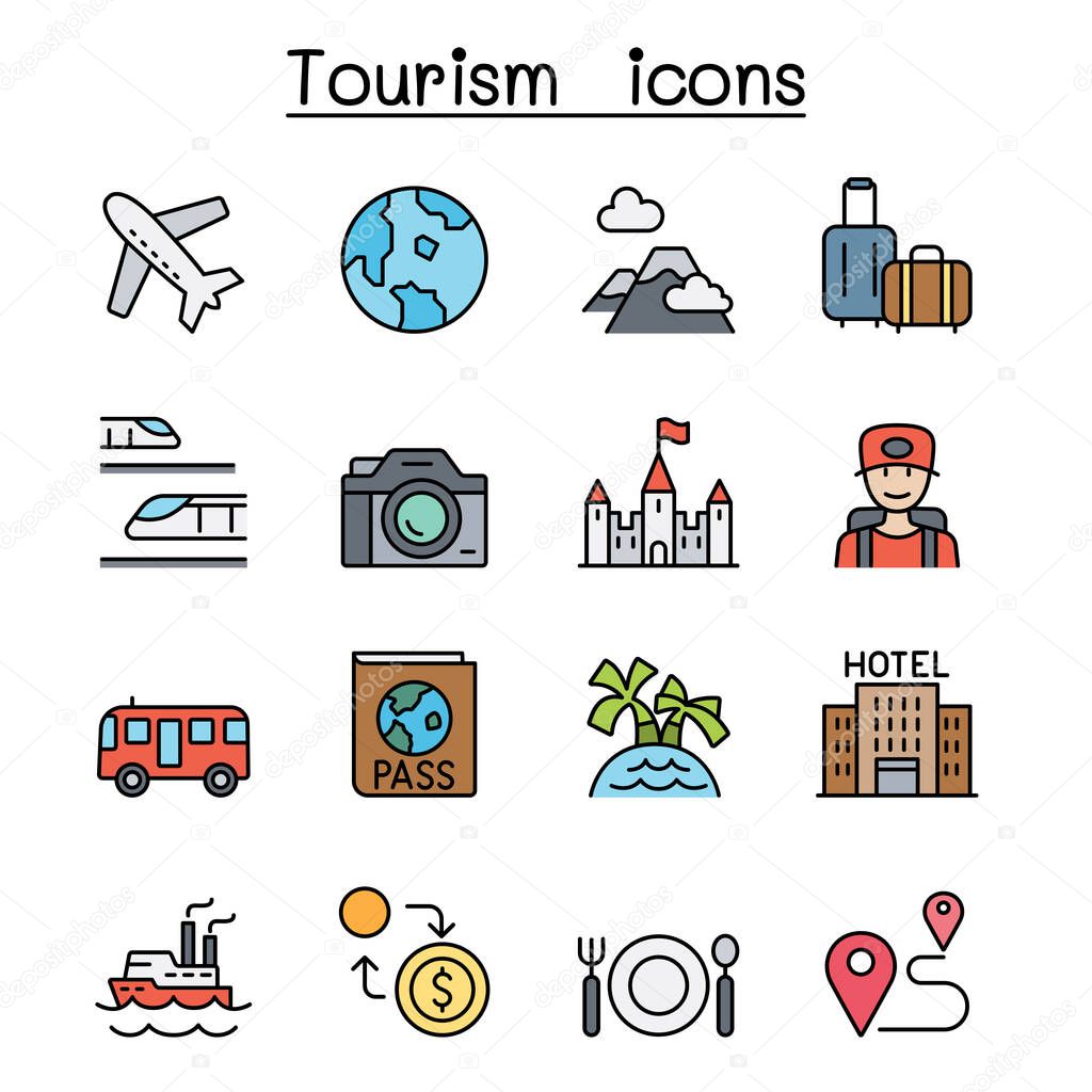 Traveling, transport and Tourism icon set in color line style