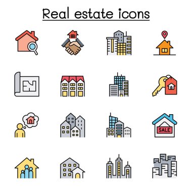 Gayrimenkul bağlantılı düz vektör renk simgesi kümesi. Konut, apartman, apartman, bina, bina, ev, mimari, ofis, iskan binası ve daha fazlası gibi simgeleri içerir..