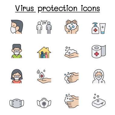 Virüs korumalı düz renk simgesi. Sosyal uzaklık, maske, el yıkama, evde kalma gibi ikonlar içerir..