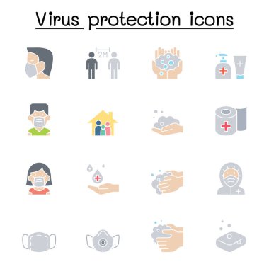 Virüs koruma ikonu seti. Sosyal uzaklık, maske, el yıkama, evde kalma gibi ikonlar içerir..