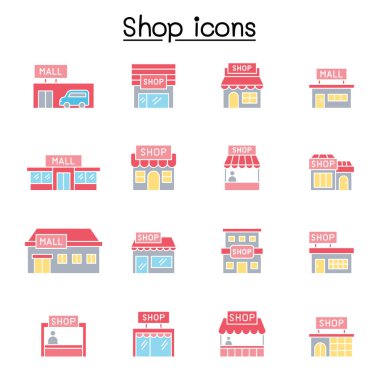 Dükkan ikonu seti. Süpermarket, alışveriş merkezi, hipermarket, mağaza ve daha fazlası gibi simgeler içerir.