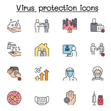 Virüs korumalı düz renk simgesi. Sosyal uzaklık, maske, el yıkama, evde kalma gibi ikonlar içerir..