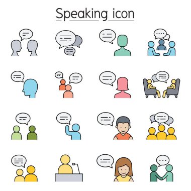 Konuşma, konuşma, tartışma, diyalog, konuşma, sohbet, toplantı simgesi renk çizgisi biçiminde ayarlandı