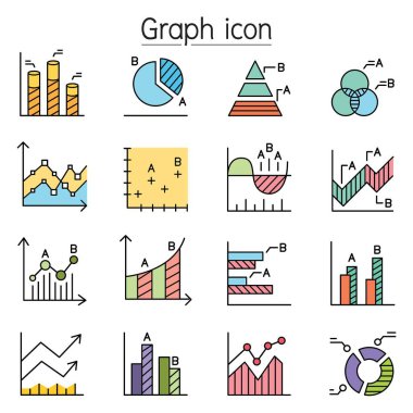 Grafik, Grafik, Diyagram, Veri, Bilgi simgesi kümesi renk çizgisi biçimi ile ana hatları doldurulmuş