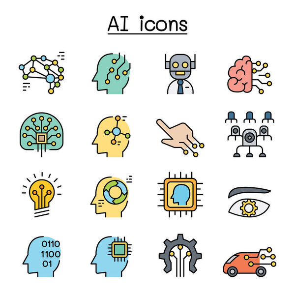 AI, Artificial intelligence icon set in colorline style