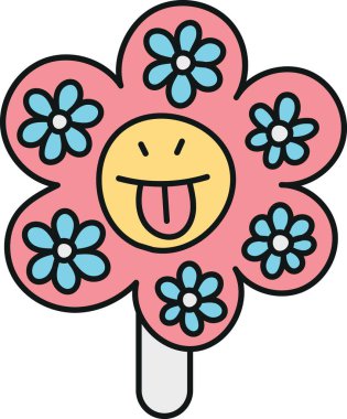 Modaya uygun dondurma, karalama renkli buzlu buzlu dondurma. Gülümseyen bir yüzü ve renkli yaprakları olan oyuncu bir çiçek tasarımı..