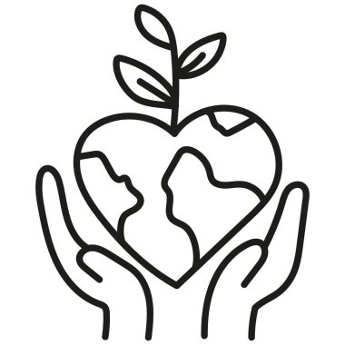 Doğa koruma kavramı. Elleriyle kalp şeklinde bir dünya ve doğayı sembolize eden bir bitki. .hand doodle tarzı