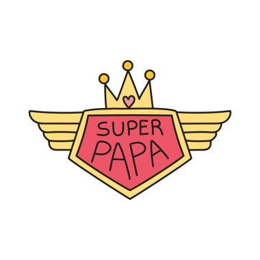 Babalar Günü Ayısı konsepti. Kanatları ve tacı olan bir baba figürü için süper kahraman rozeti tasarımı. Renk çizgisi biçiminde