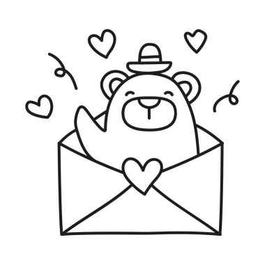 Babalar Günü Ayısı konsepti. Aşk mektubu zarfından bakan şapkalı şirin bir ayı. ince çizgi biçiminde