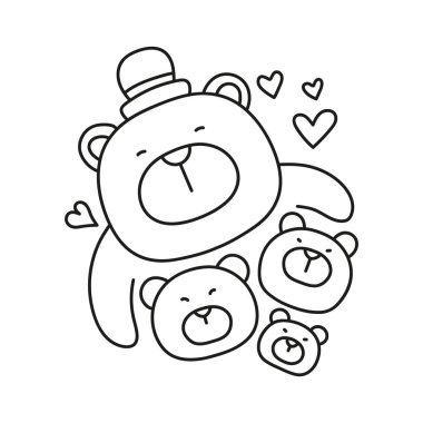 Babalar Günü Ayısı konsepti. Kalpli ve şapkalı şirin çizgi film ayıları. ince çizgi biçiminde