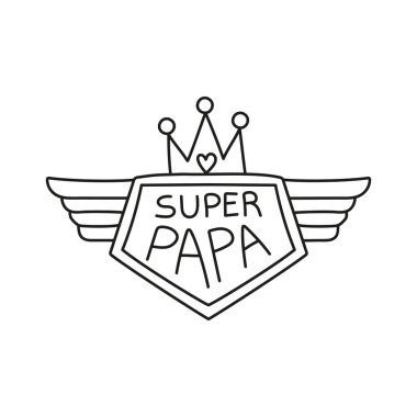 Babalar Günü Ayısı konsepti. Kanatları ve tacı olan bir baba figürü için süper kahraman rozeti tasarımı. ince çizgi biçiminde