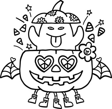 Cadılar bayramı illüstrasyonu Karalama çizgisi tarzında tuhaf detaylarla dolu bir balkabağında şakacı bir hayalet