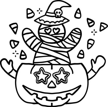 Cadılar Bayramı illüstrasyonun kutlu olsun şirin bir mumyayla Cadılar Bayramı illüstrasyonun kutlu olsun. Çizgi biçimi ile