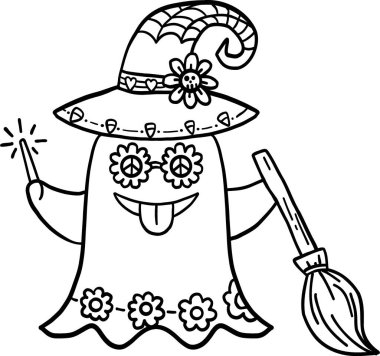 halloween festival. Playful ghost character wearing a witch hat and holding a broomstick. retro trendy groovy halloween illustration in doodle line style