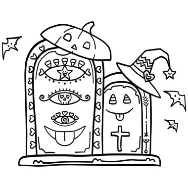 Cadılar Bayramı 'nda cadılar bayramı temalı çizgi film mezar taşları. Çizgi biçimi ile