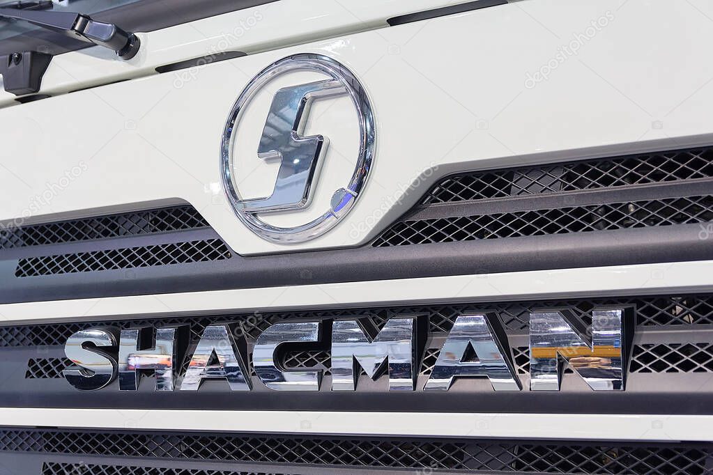 Kyiv, Ukraine - March 20, 2019: Sihacmav truck emblem at the stand of the INTERBUILDEXPO