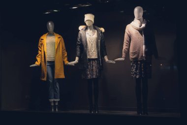 Sonbahar giysi mağazası tarzında kadın moda mankeni gösterisi. İndirim ve canlı koleksiyonlarla sezonluk trendler