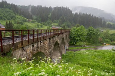 Vorokhta Carpathian köyünde demiryolu köprüsü. Ukrayna