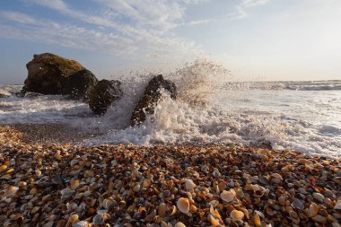 Dalgalar deniz kıyısında taşlarla çarpışıyor. Kırım
