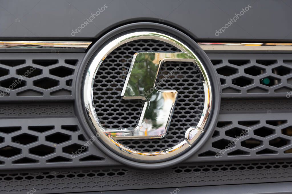Kyiv, Ukraine - June 11, 2021: Logo on the brand Shacman at the exposition Industrial Exhibition