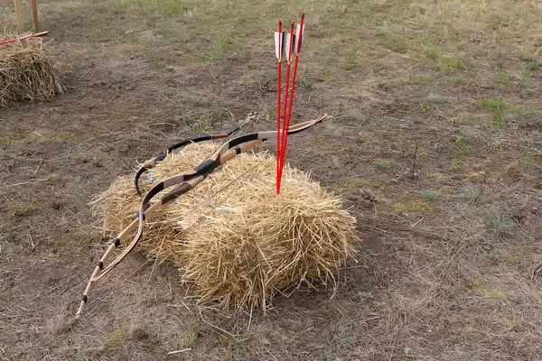 Atış için eski soğan ve oklar samanlıkta yatıyor.