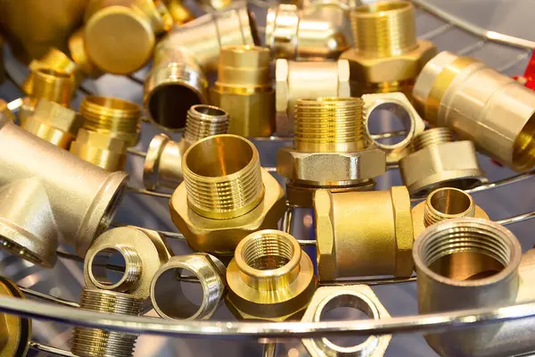 Mağazanın camındaki pirinç su tesisatının çeşitleri. Satılık.