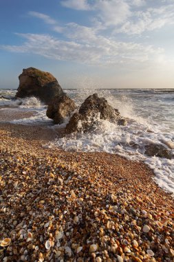 Dalgalar deniz kıyısında taşlarla çarpışıyor. Kırım
