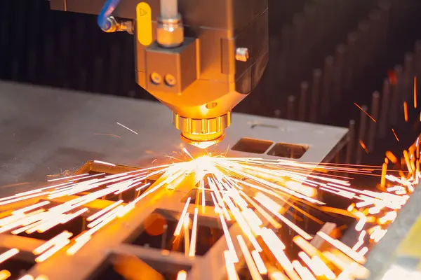 Endüstriyel lazer, düz metal levha ve kıvılcımlar üreten üretim teknolojisini kesiyor.