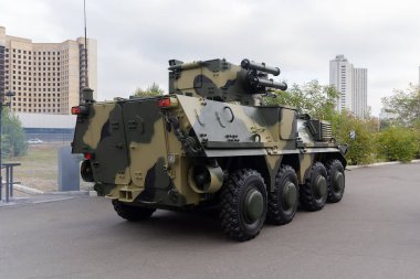 Kyiv, Ukraine -October 14, 2016: Eight-wheel drive armored personnel carrier made in Ukraine BTR-4E during International Specialized Exhibition Arms and security 2016