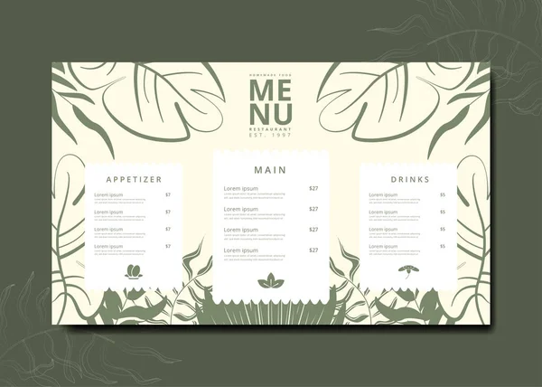 Design Modelo Menu Restaurante Tropical Minimalista Verde —  Vetores de Stock