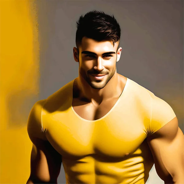 一个穿着黄色T恤衫的年轻貌美男子的逼真3D画像 性感肖像矢量设计 — 图库矢量图片