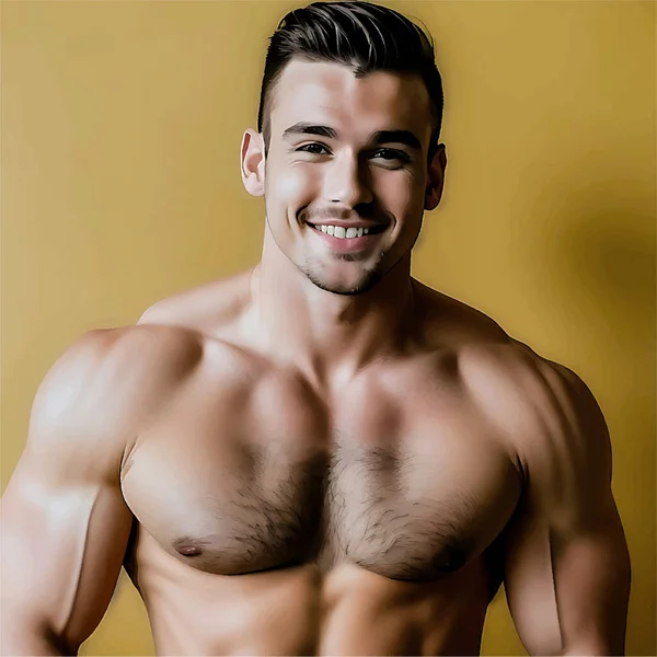Handsome Muscular Man Hairy Chest Portrait Smiling Looking Masculine Vector — 스톡 벡터
