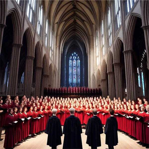 Büyük Bir Katedral Ortamında Koro Yöneticileriyle Şarkı Söyleme Provası Yapan — Stok Vektör