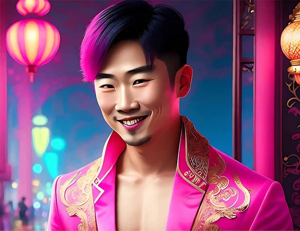ピンクのハイライトの髪と顔の毛の少ないピンクのスーツを着たアジア系の男性が描かれています — ストックベクタ
