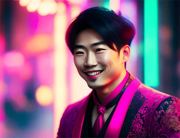 ネオンの照明を背景にピンクのスーツを着たアジア人男性のイラストです — ストックベクタ