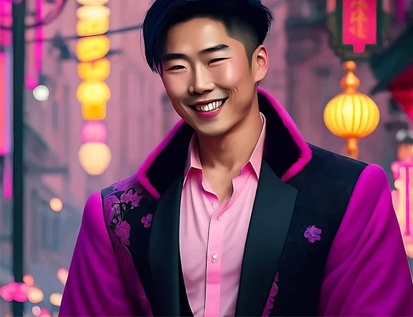 ピンクのスーツを着たアジア系の可愛くてハンサムな男性が笑顔で描かれています 背景はネオンカラーで 楽しさと活気に満ちた雰囲気を作り出しています — ストックベクタ