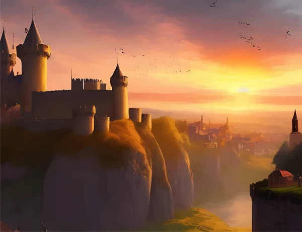 这是一个在日出时在山上的一个平面的现实城堡的例子 鸟儿群集在天空中 — 图库矢量图片