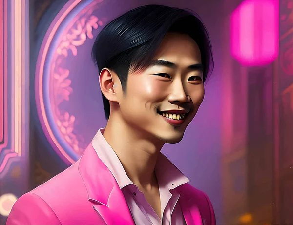 Illusztráció Egy Jóképű Ázsiai Férfit Ábrázol Rózsaszín Öltönyben Aranyosan Mosolyog — Stock Vector