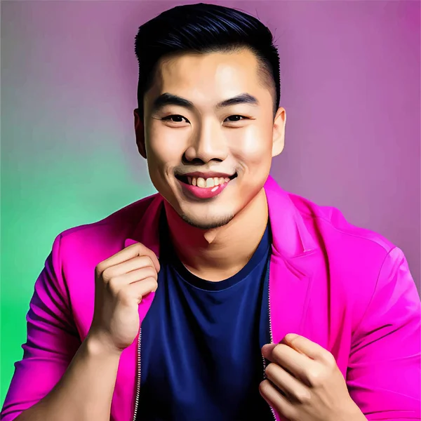 这是一个英俊的亚洲男人穿着粉色衬衫和蓝色T恤的图片 穿着时髦的发型和孤立的霓虹灯背景 — 图库矢量图片